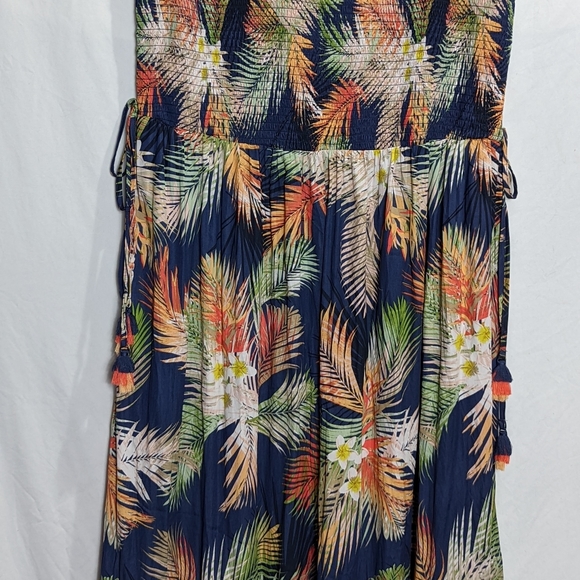 Terra & Sky 1X Maxi Dress Blue Floral Tropical Tassled Pockets Sleeveless 16 18 - Picture 6 of 13